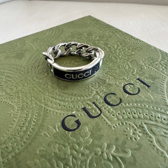 New Gucci Logo Chain Ring Silver Black Enamel Sz 10 IT 5 US - Picture 5 of 11